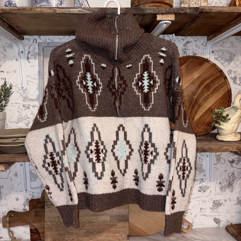 Women's Country Western Southwestern Cozy Zip Pullover Sweater Size XL